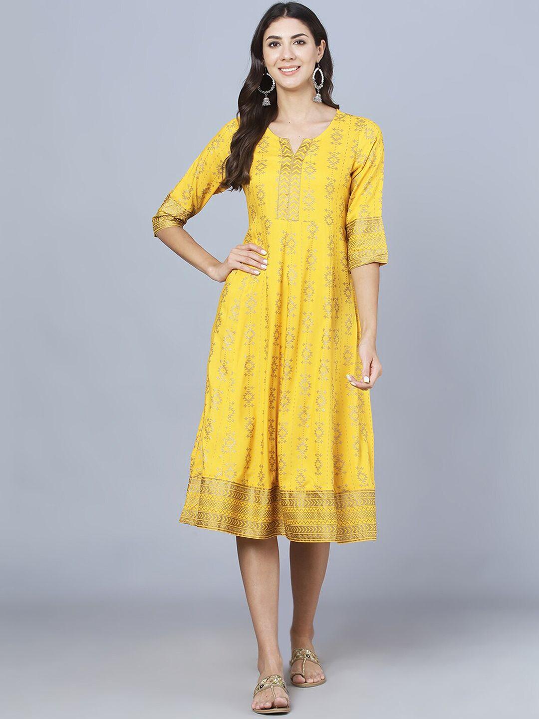 daamina women yellow printed flared ethnic dresses
