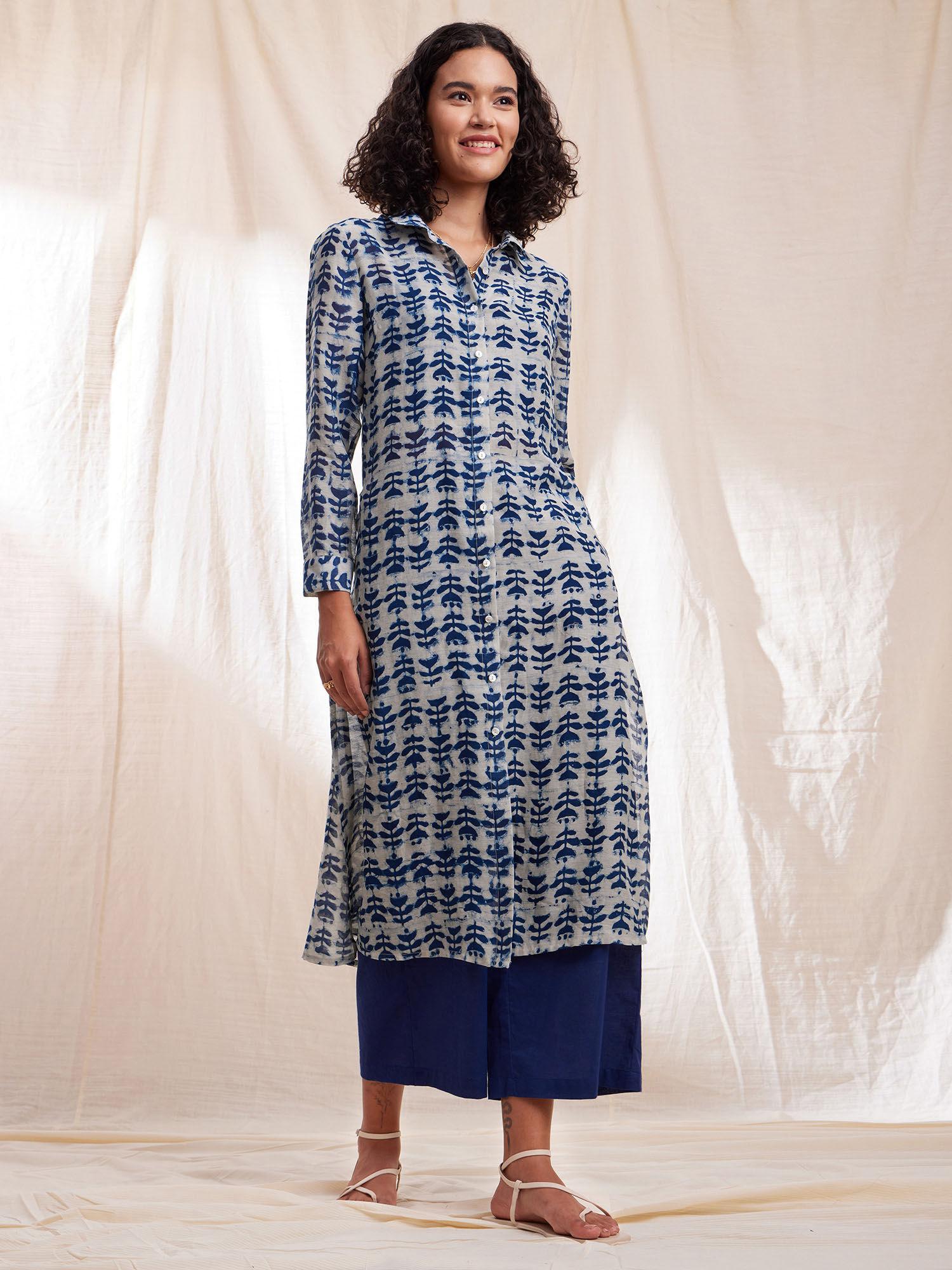 dabu hand block shirt collar chanderi kurta - indigo