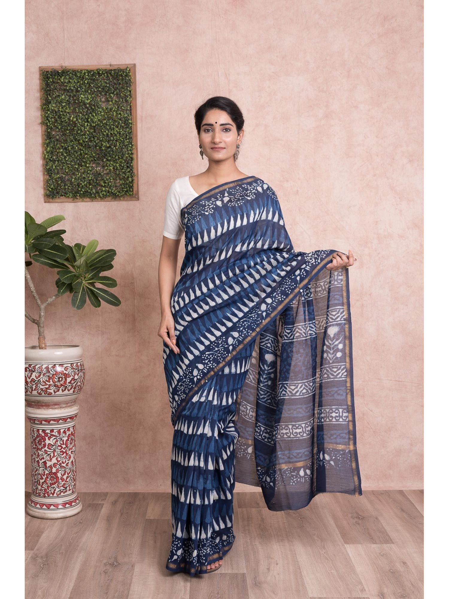 dabu print hand block printed chanderi silk saree with unstitched blouse - indigo & blue