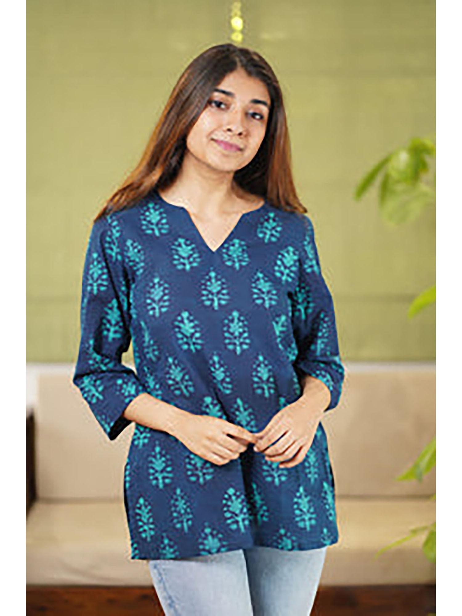 dabu teal cotton short kurti