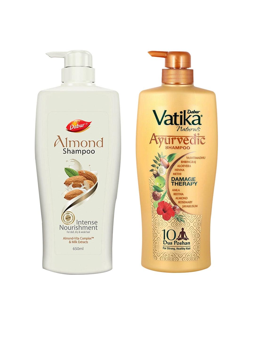 dabur vatika naturals ayurvedic shampoo 640ml & almond intense nourishment shampoo 650ml