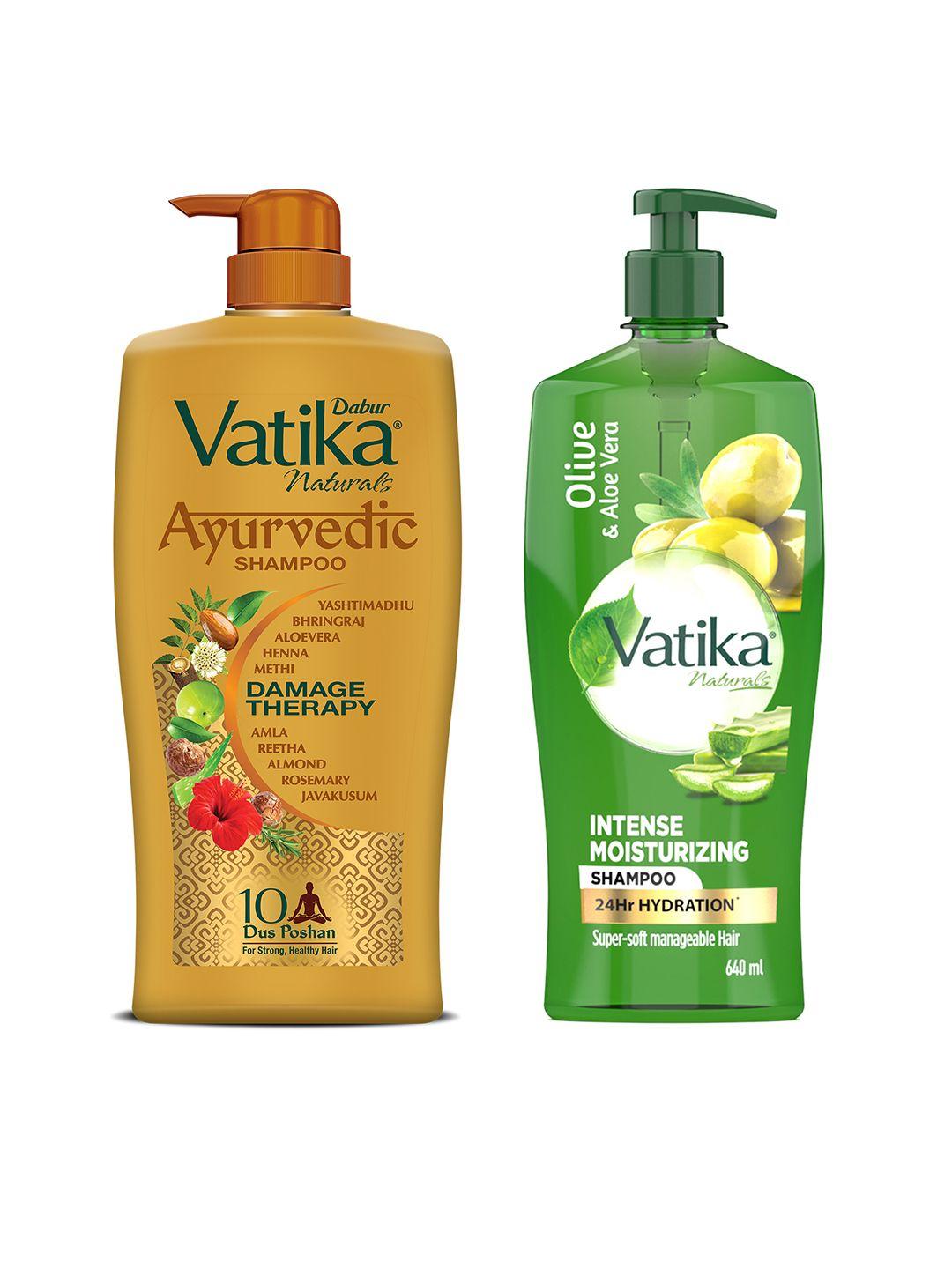 dabur vatika naturals ayurvedic shampoo 1l & aloe vera olive moisturising shampoo 640ml