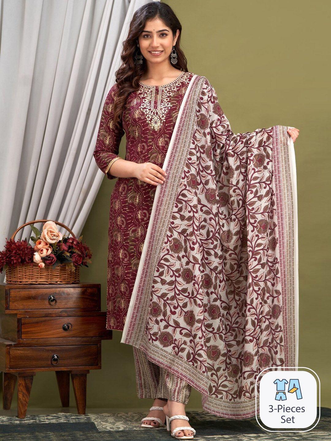 dadni fashion ethnic motifs printed pure cotton straight kurta & trousers with dupatta