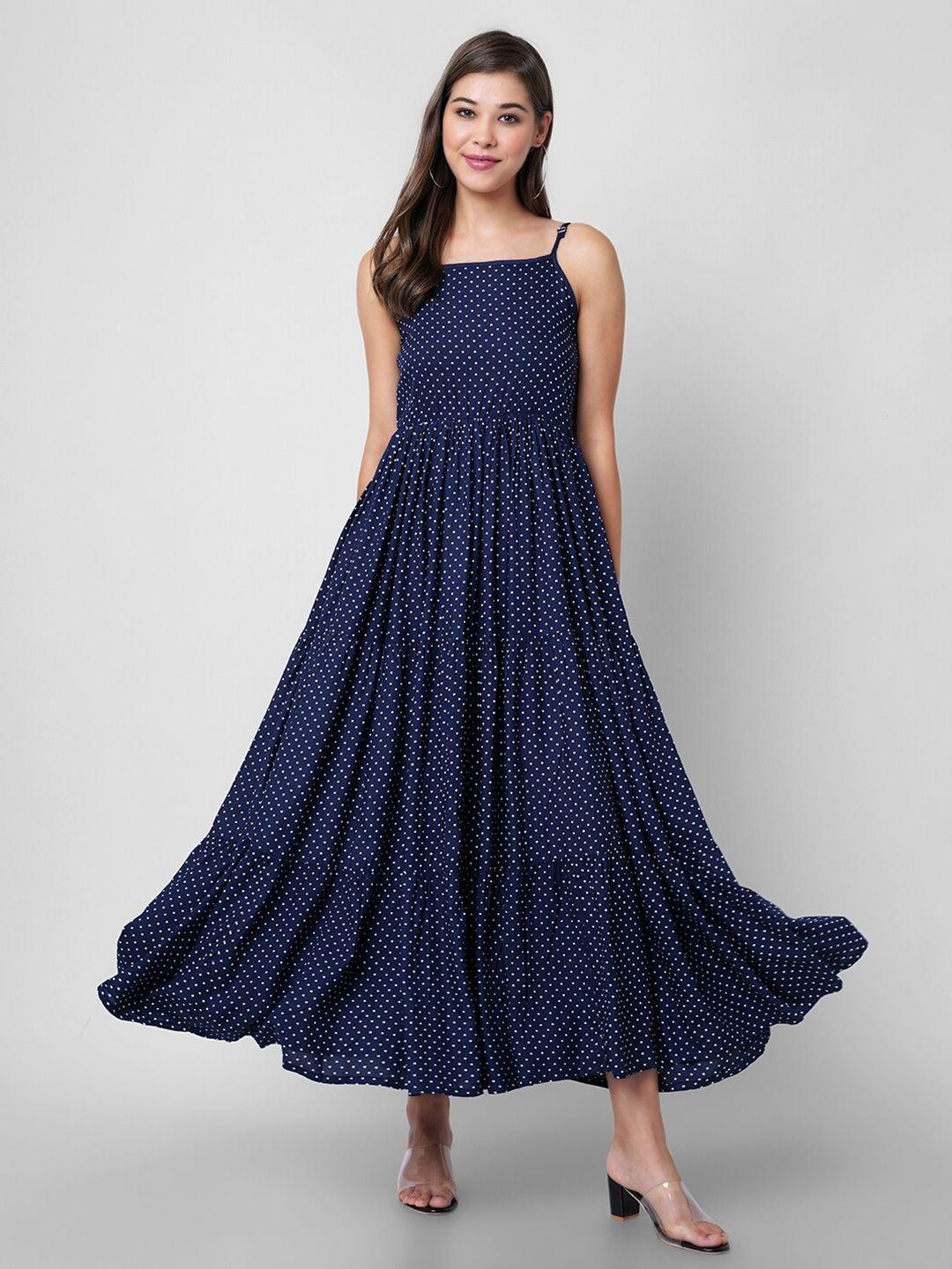 daevish blue polka dot flared maxi dress