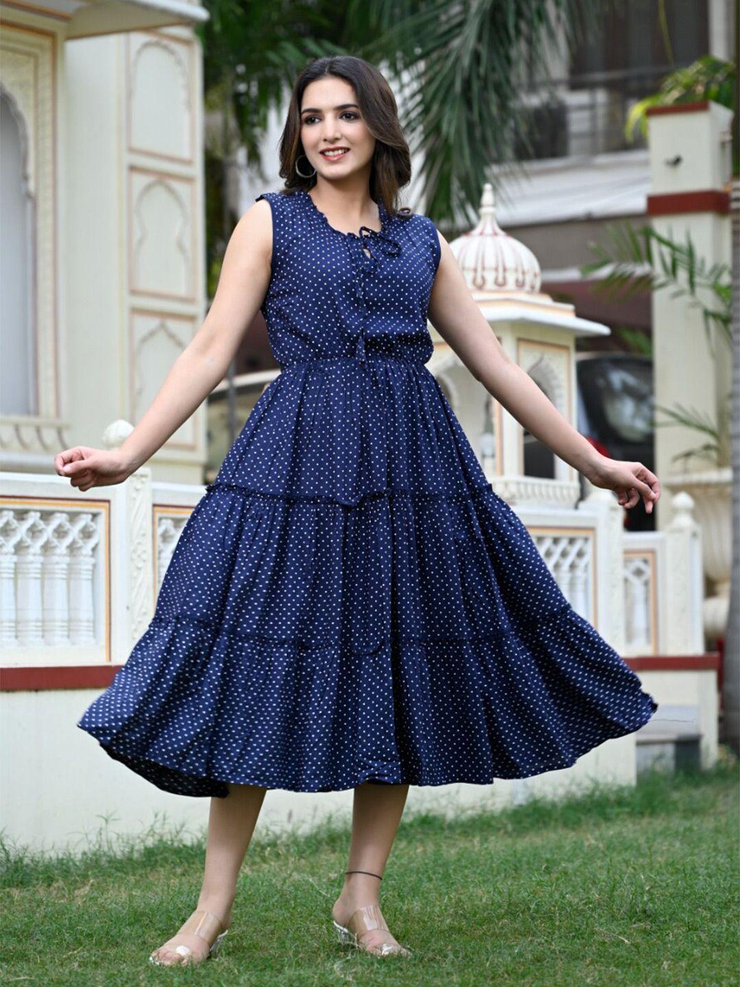 daevish blue polka dot print tie-up neck fit & flare dress