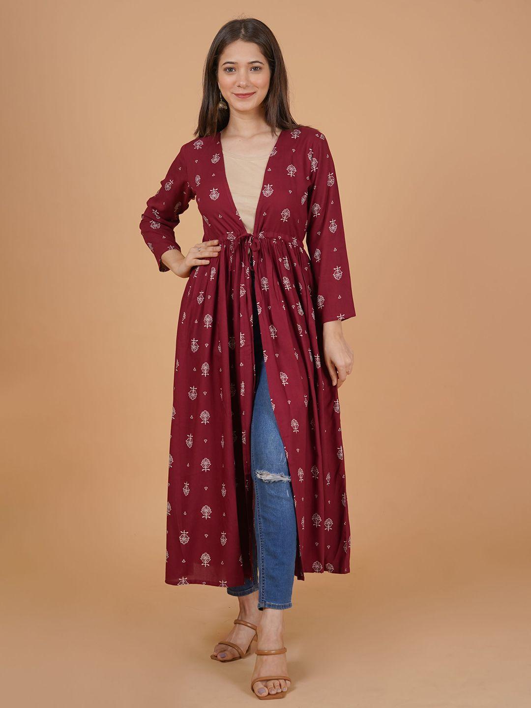 daevish ethnic motif printed longline tie-up shrug