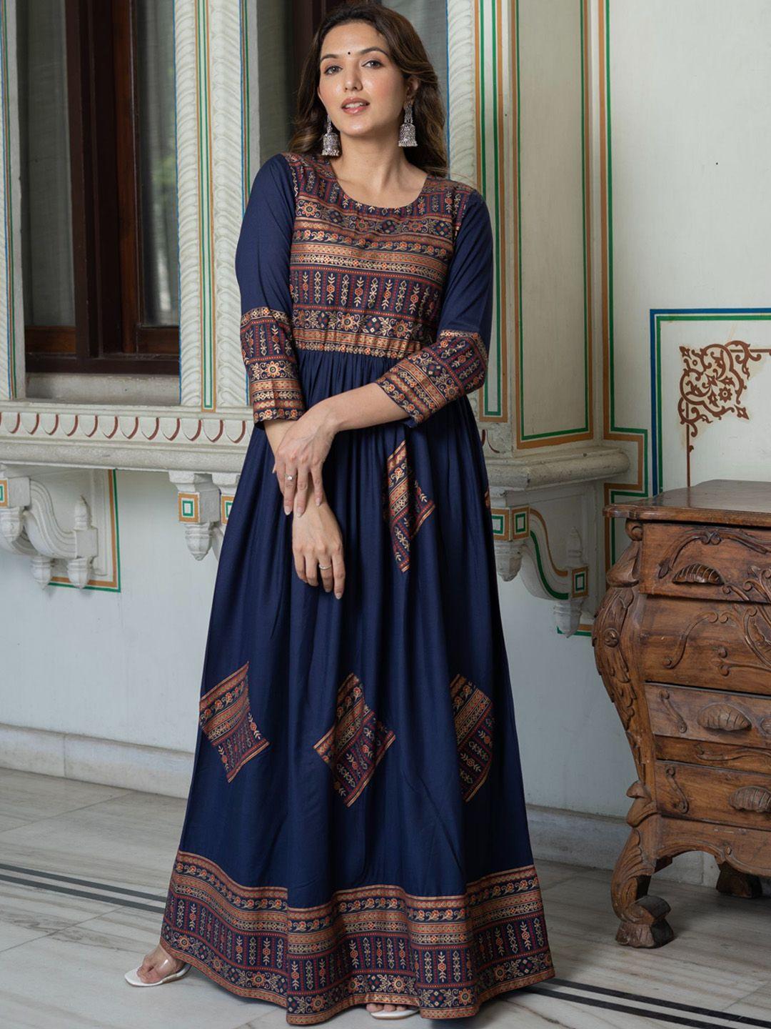 daevish ethnic motifs printed fit and flare maxi ethnic dress