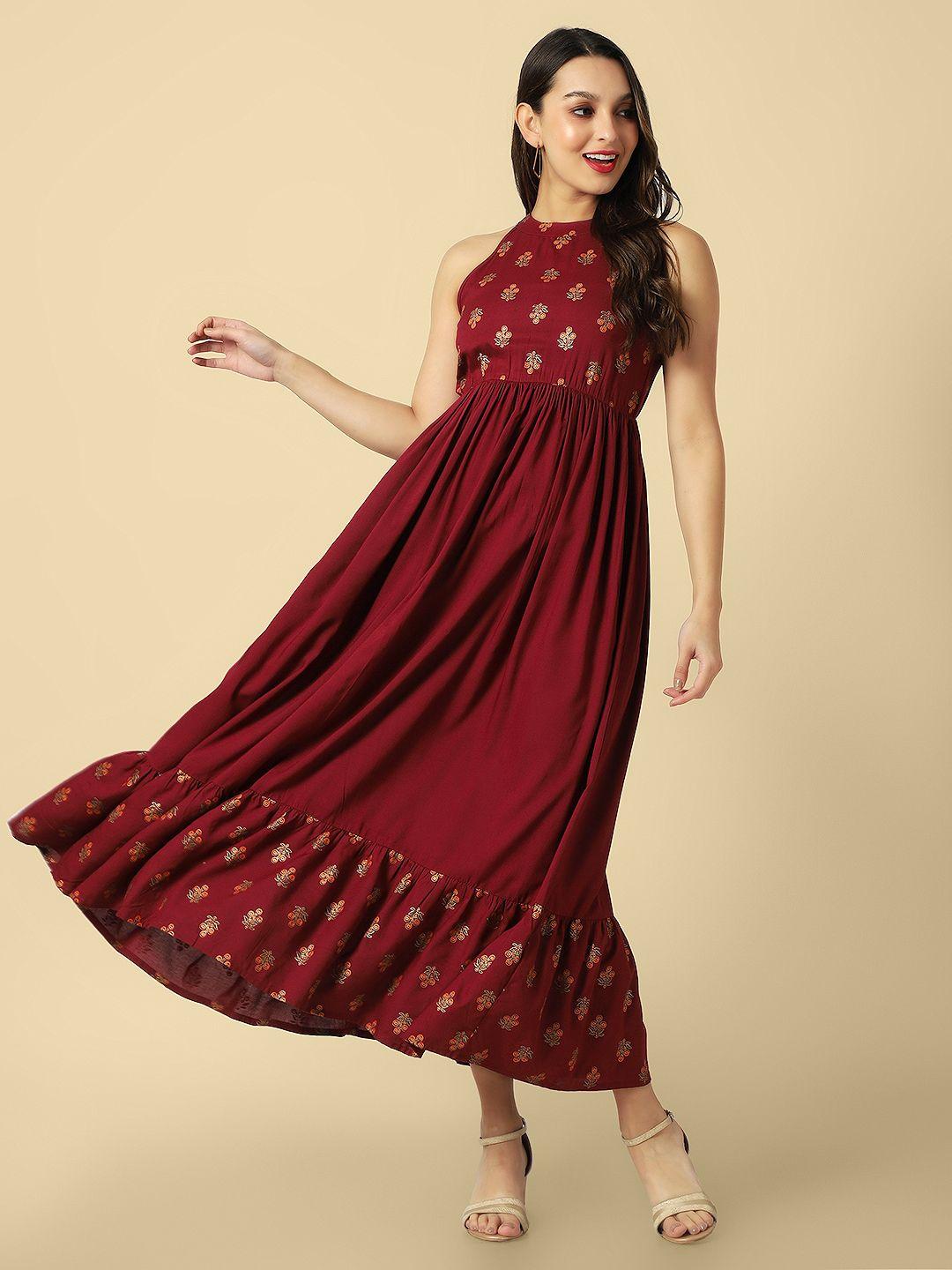 daevish ethnic motifs printed halter neck maxi ethnic dress