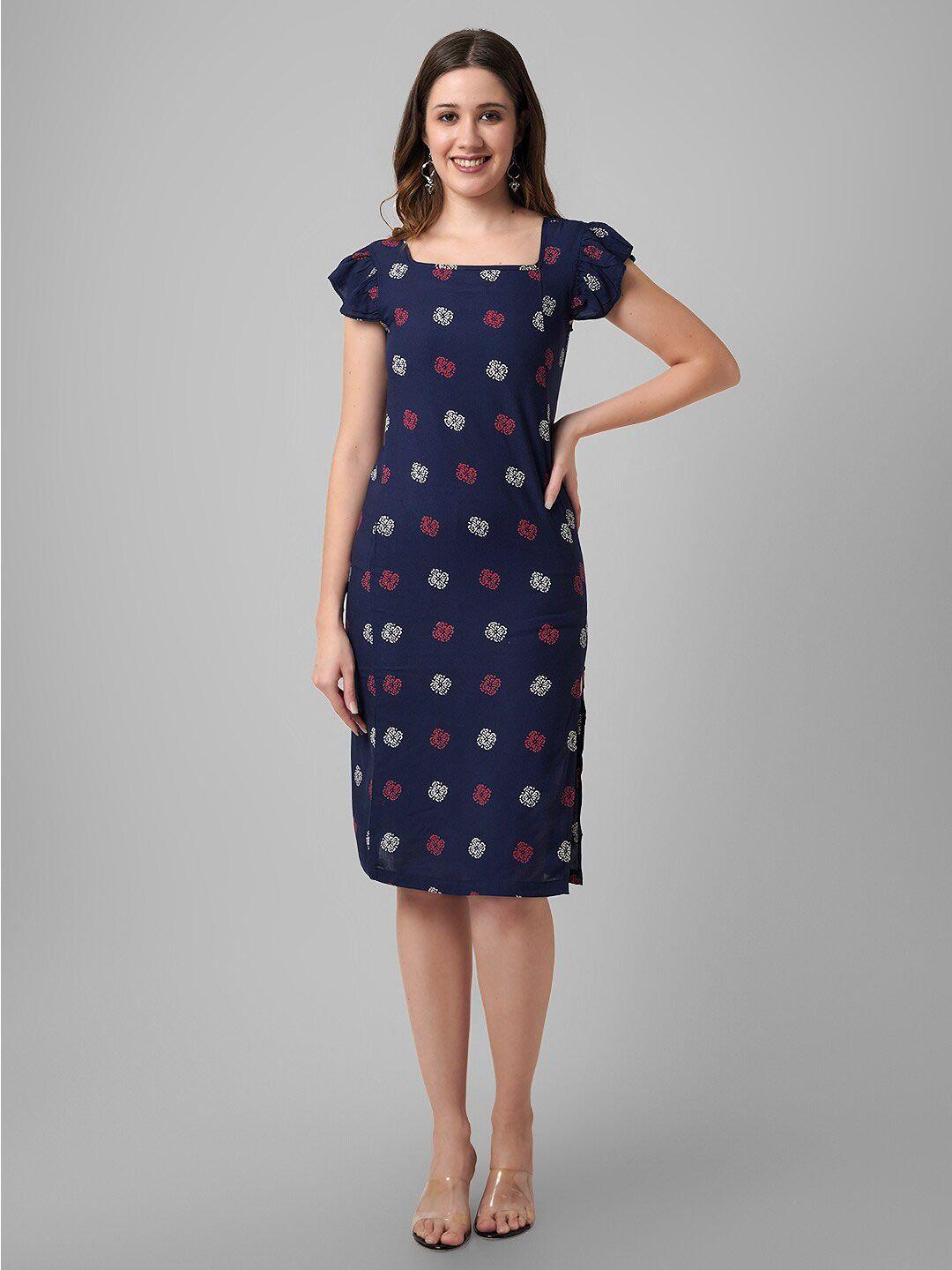 daevish floral printed square neck flutter sleeve sheath dress