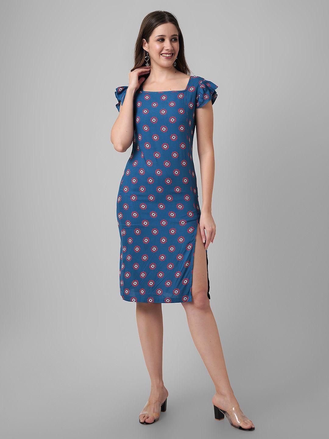 daevish floral printed square neck flutter sleeve sheath dress