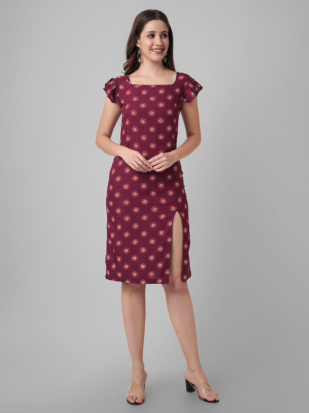 daevish floral printed square neck flutter sleeve sheath dress