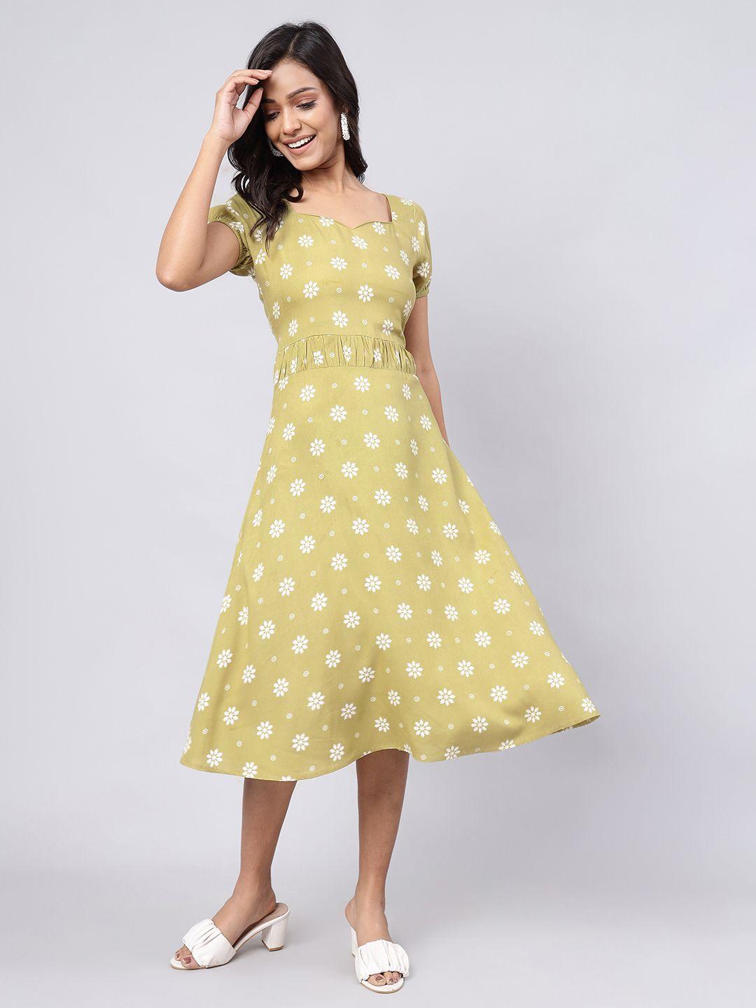 daevish polka dot printed sweetheart neck fit & flare midi dress