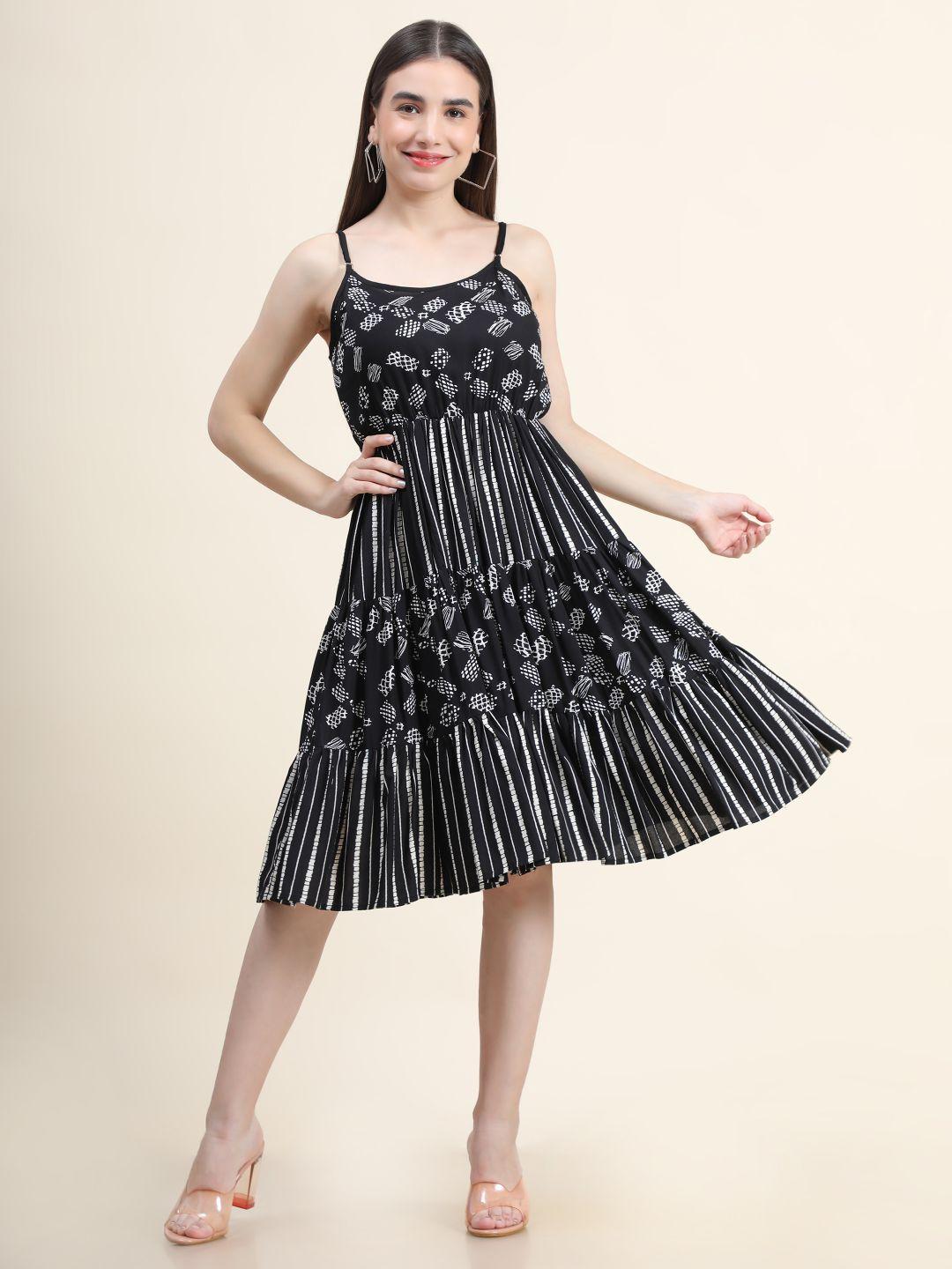 daevish women black & white printed shoulder straps layered fit and flare dress