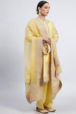 daffodil yellow embroidered kurta set for girls