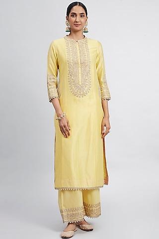 daffodil yellow embroidered kurta set with side pockets
