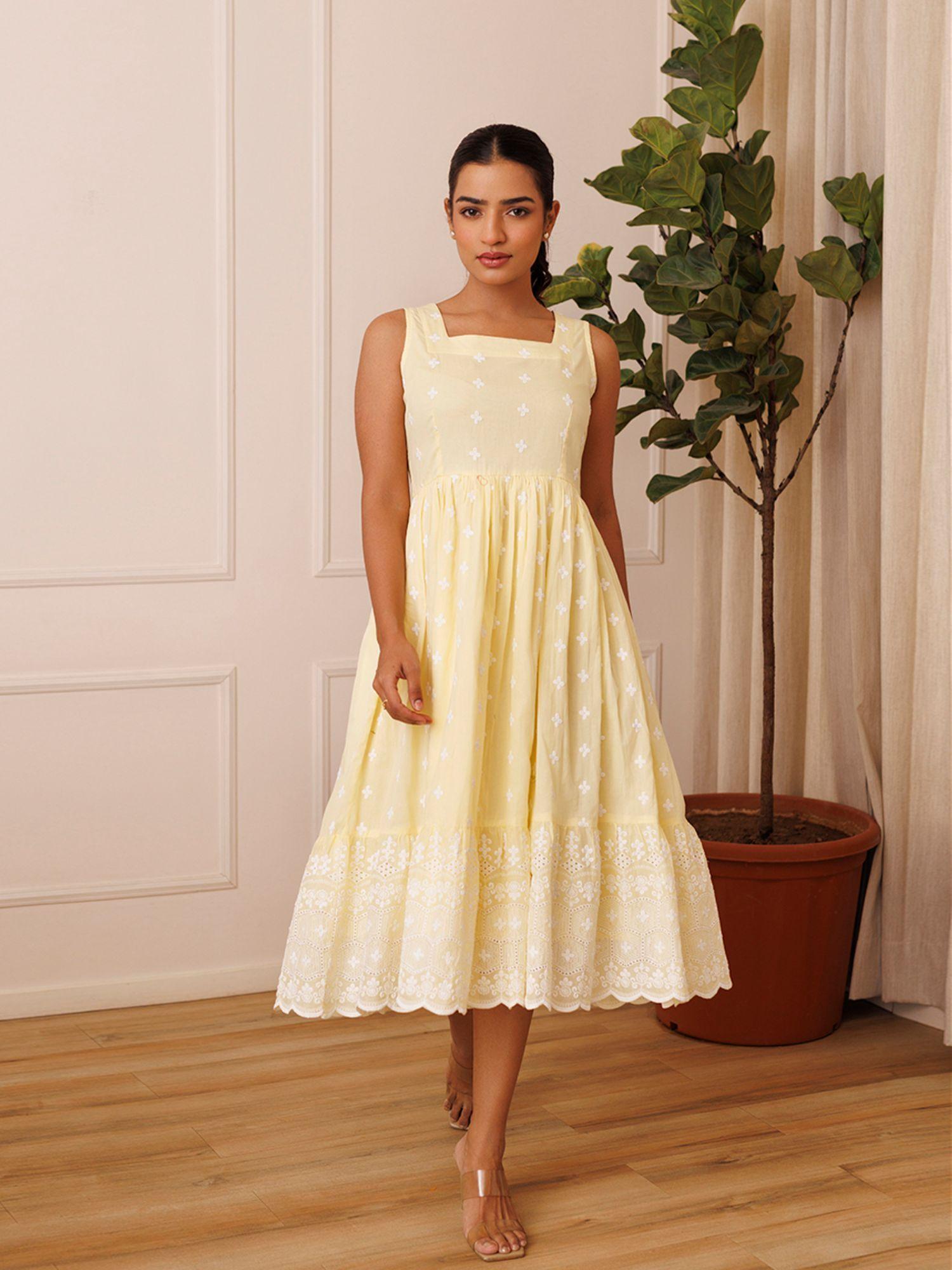 daffodil yellow cotton embroidered midi dress