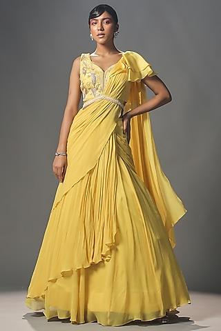 daffodil yellow georgette & organza pre-stitched draped saree set