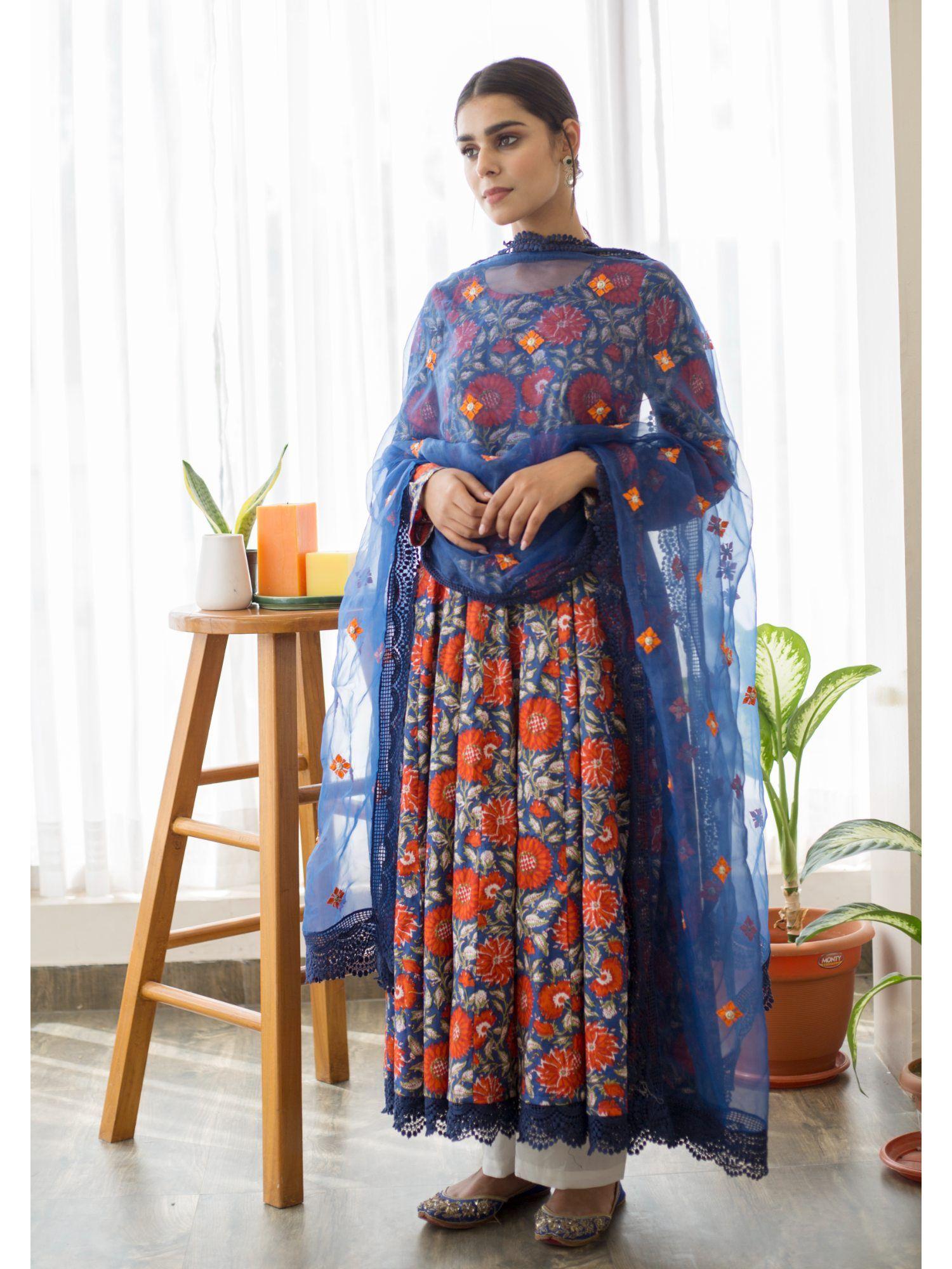 dahlia indigo anarkali (set of 3)