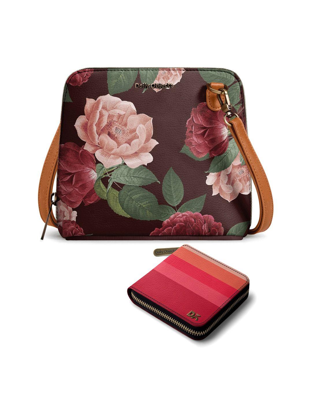 dailyobjects floral printed leather structured sling bag with zip wallet