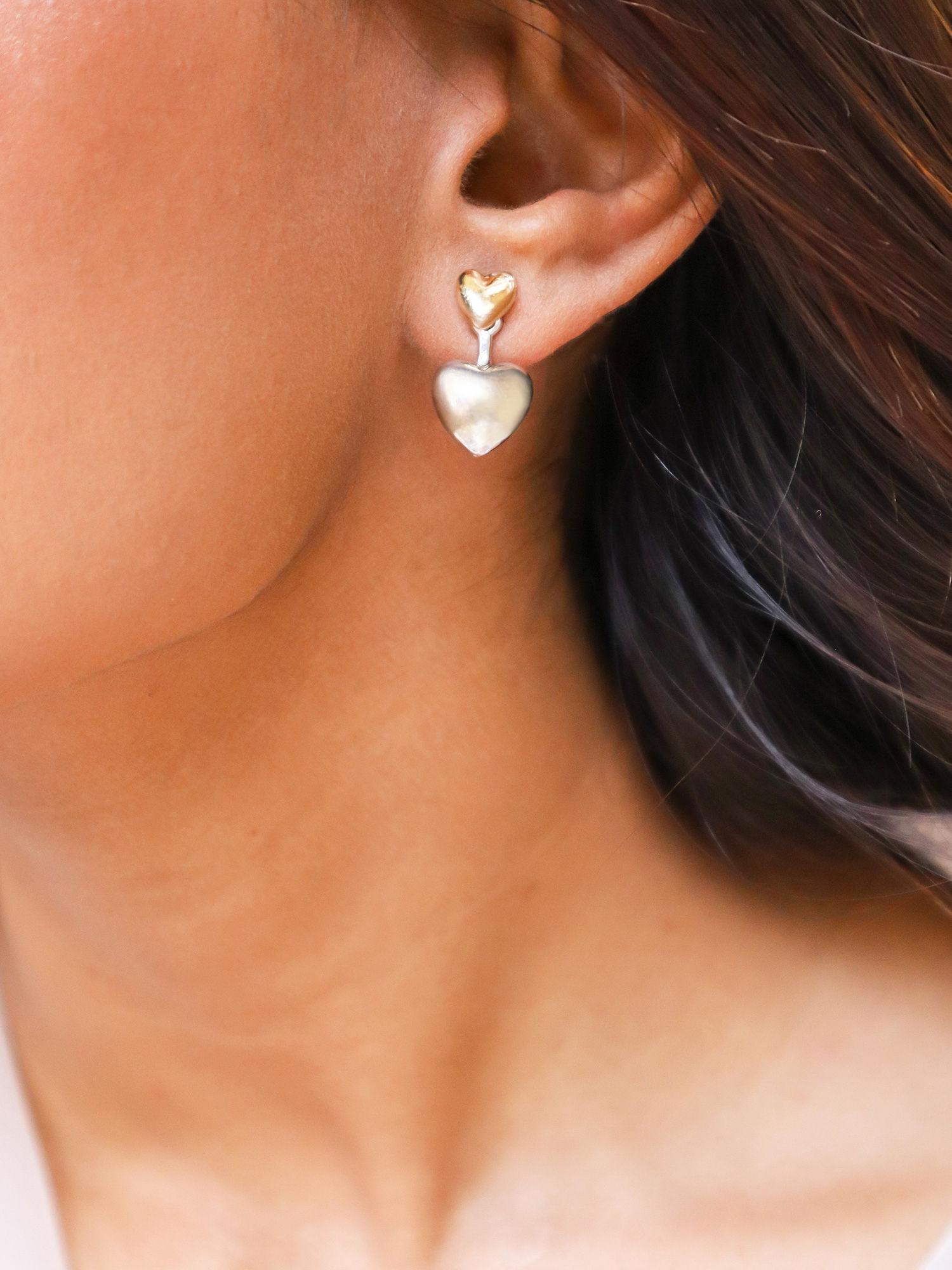 dainty two toned double heart dangler earrings