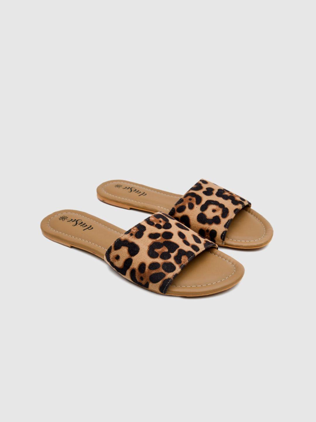 daisie women camel brown printed open toe flats with bows