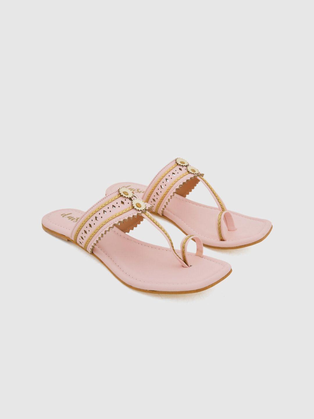 daisie women pink embellished t-strap flats with laser cuts