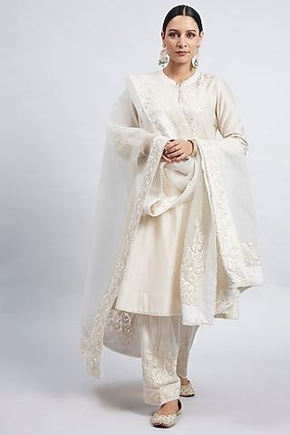 daisy ivory princess-cut embroidered kurta set for girls