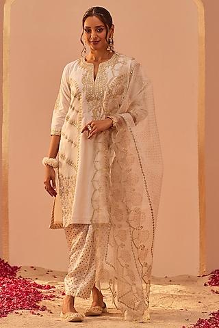 daisy ivory silk chanderi printed & embroidered kurta set for girls