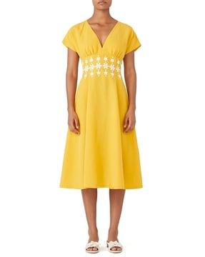 daisy-embroidered fit & flare dress