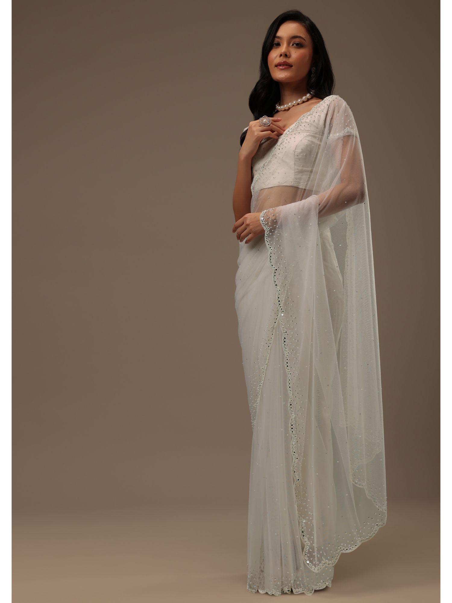 daisy white net fabricated saree with unstitched blouse mirror work