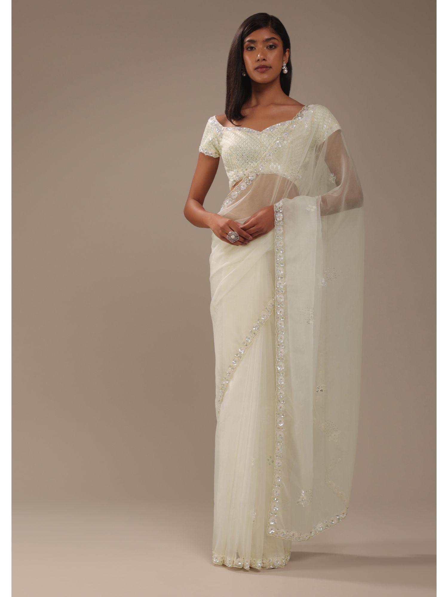 daisy white organza sequence stone saree with unstitched blouse