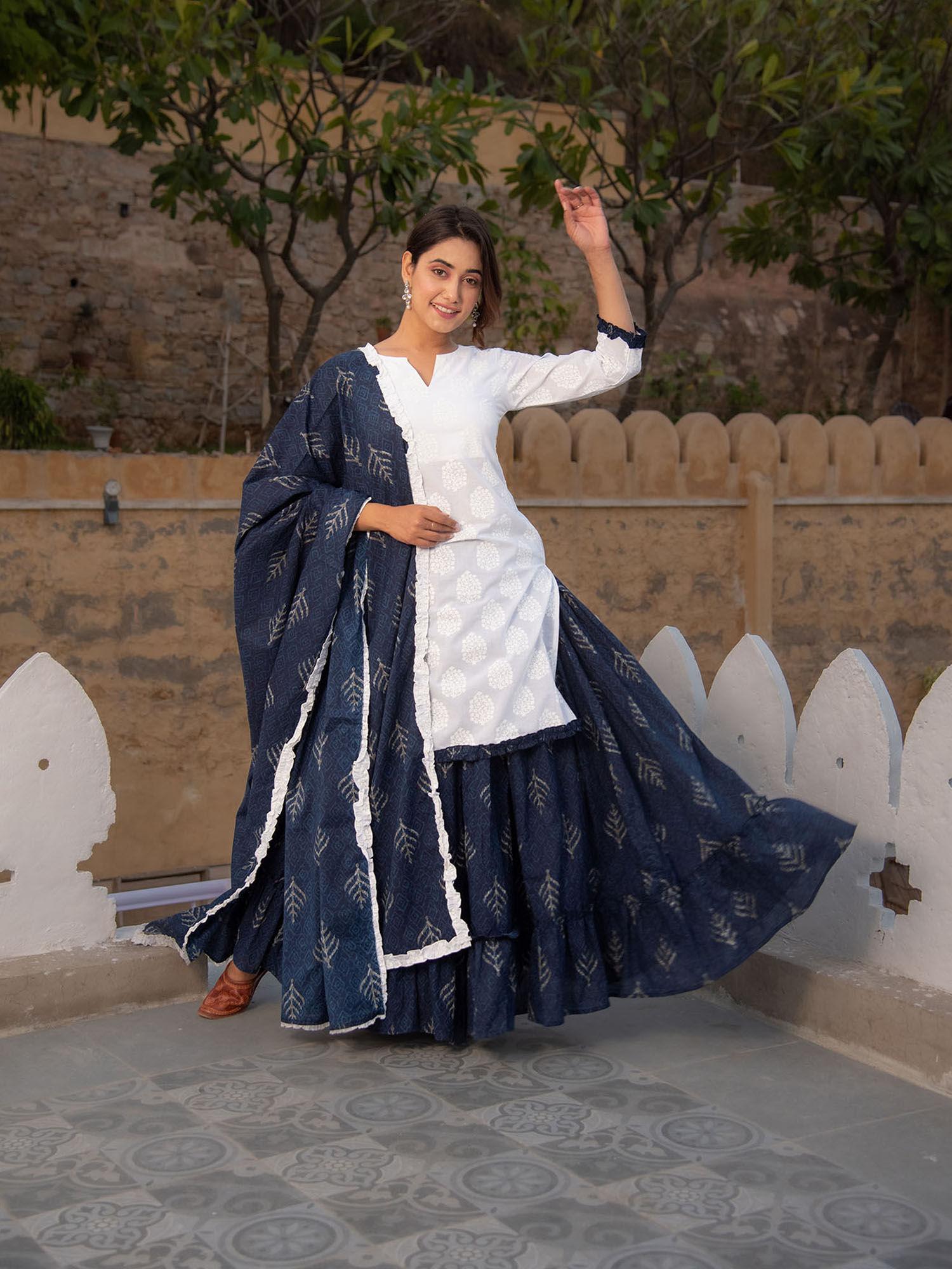 daisy white self print straight kurta with blue skirt & dupatta (set of 3)