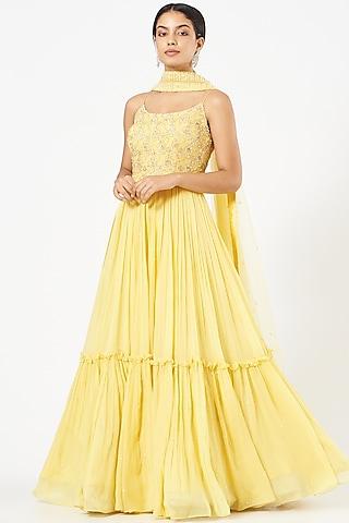 daisy yellow embroidered anarkali set