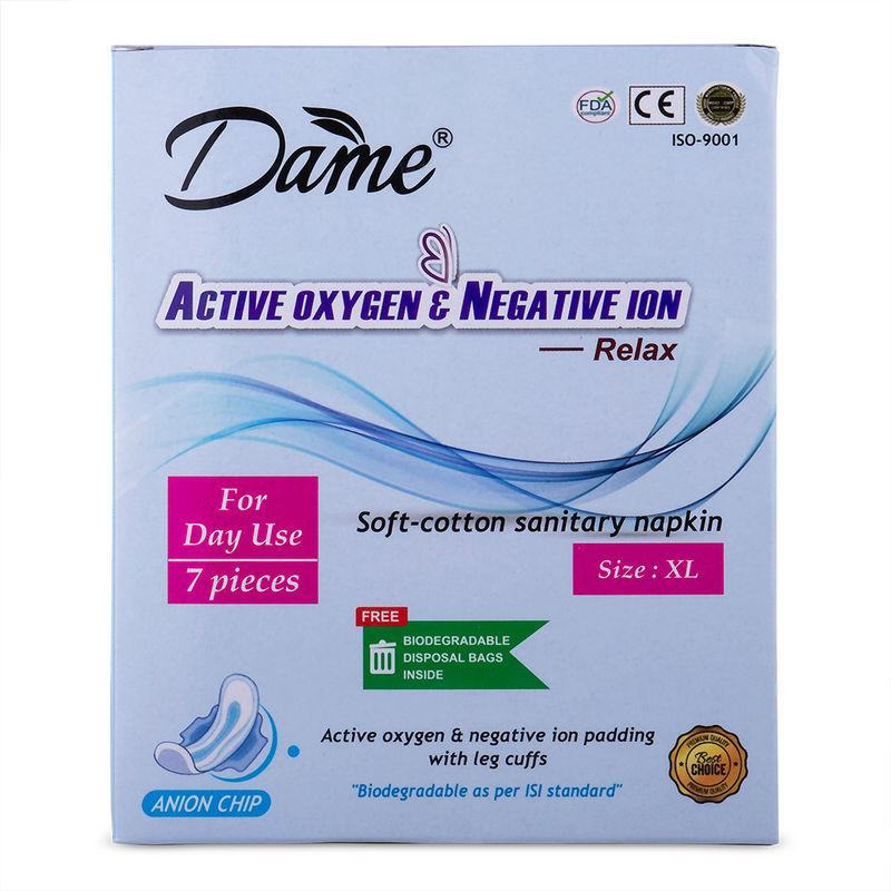 dame active oxygen & negative ion sanitary napkins for day use, xl