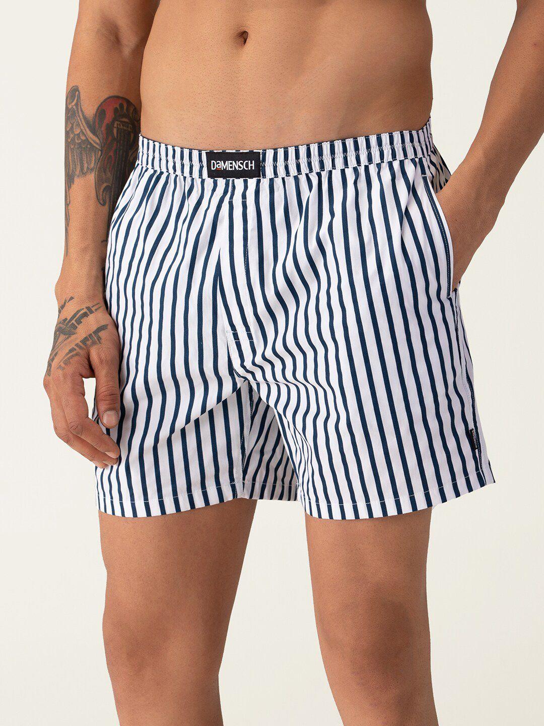 damensch breeeze men white & navy blue striped pure cotton ultra-light boxers dam-stp-lbx-csw