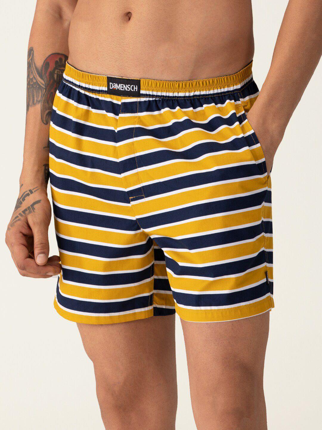 damensch breeeze men yellow & navy blue striped pure cotton ultra-light boxers