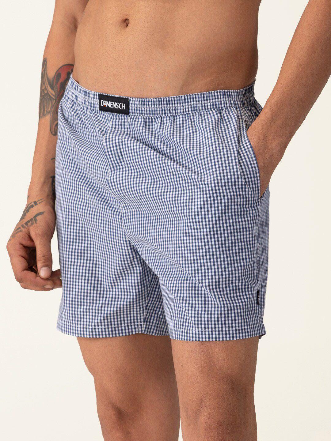 damensch breeeze men blue & white checked pure cotton ultra-light all-round boxers dam-chk-lbx-an