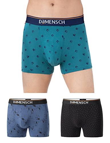 damensch men's cotton blend trunks (pack of 3) (dam-ctp-t-cmt-nvp-bsd-pack-3-l_check & mate teal, navy pixels, black space dot_l)