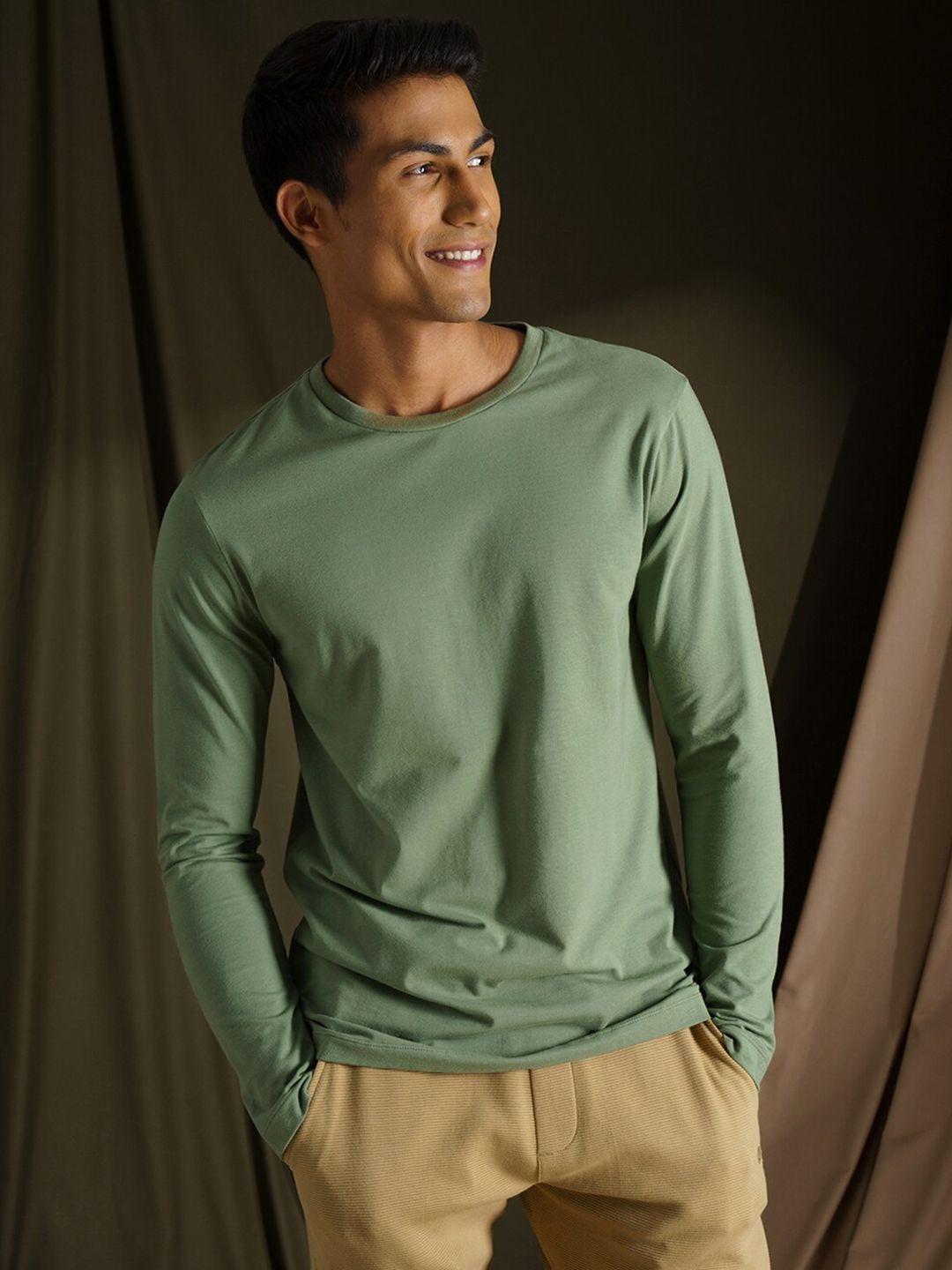 damensch men cotton basic solid full sleeve green regular fit t-shirt