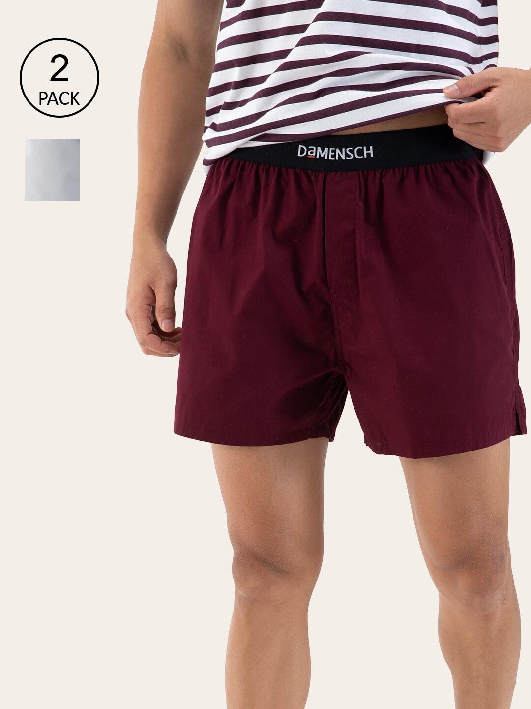 damensch pack of 2 men maroon & grey solid cotton boxers dam-sld-sbx-pack-2-viw-gyt-mix