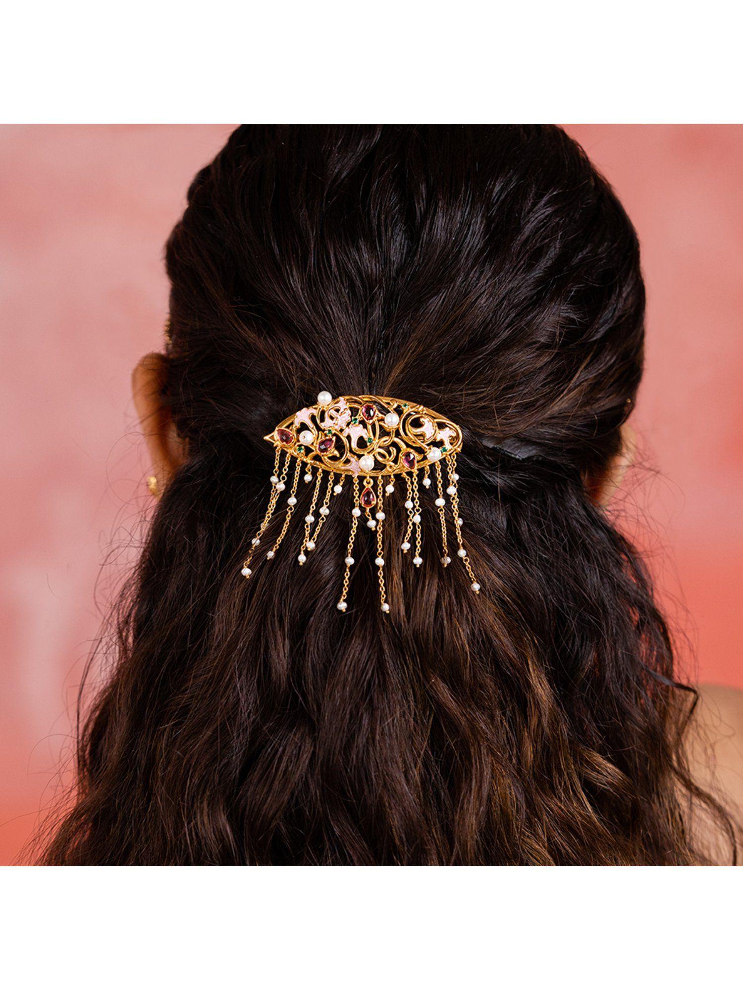 dancing dulhan hair clip in gold plated 925 silver