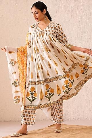 dandelion yellow cotton printed anarkali set