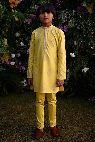 dandelion yellow cotton silk patch & thread work kurta set for boys