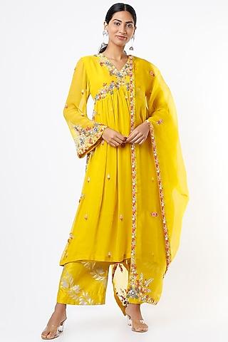 dandelion yellow embroidered gathered long kurta set