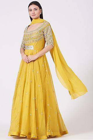 dandelion yellow hand embroidered anarkali set