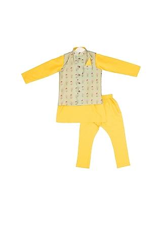dandelion yellow kurta set with mint green nehru jacket for boys