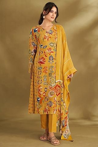dandelion yellow natural crepe embroidered & printed kurta set