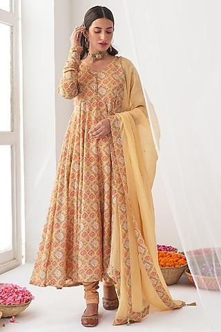 dandelion yellow printed kalidar anarkali set