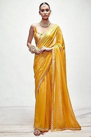 dandelion yellow silk georgette metallic saree set