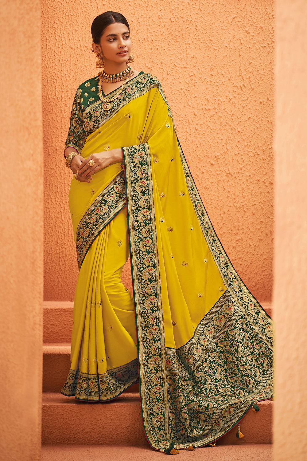 dandelion yellow silk saree with zari woven border and pallu